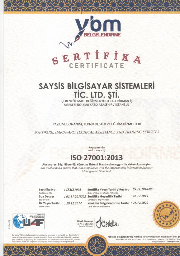 ISO 27001 Bilgi Güvenliği Yönetim Sistemi belgesi