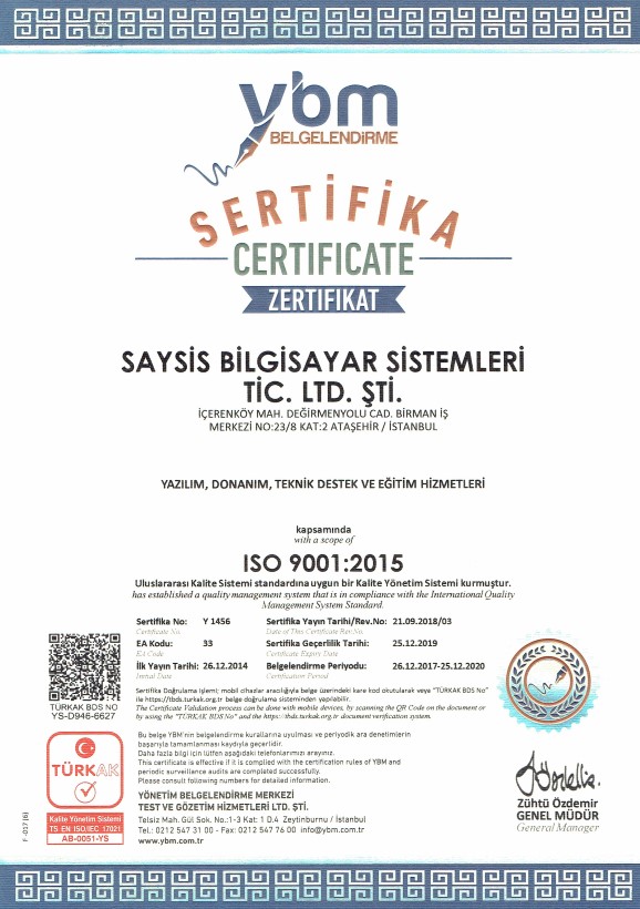 ISO 9001 Kalite Yönetim Sistemi belgesi