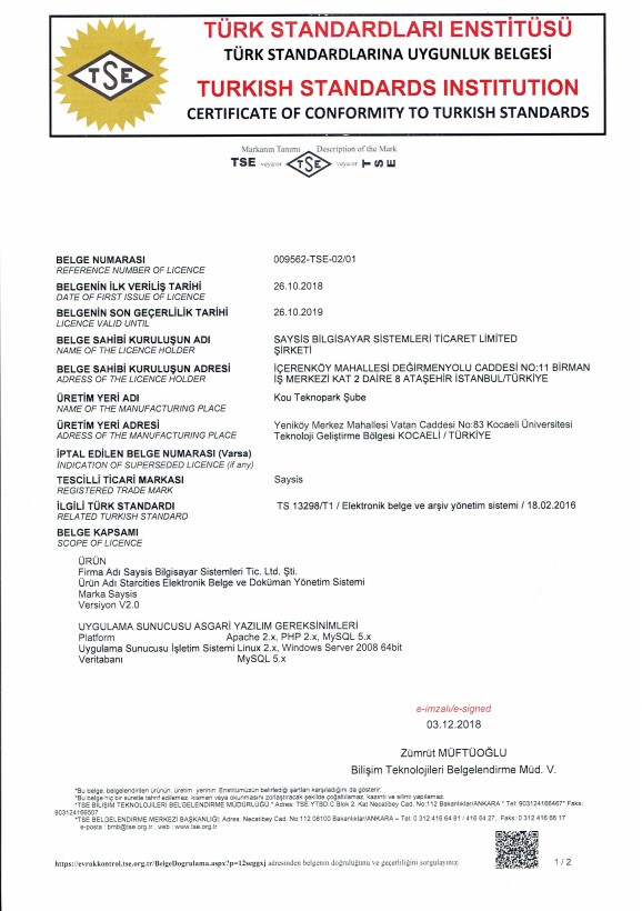 TS 13298 Elektronik Belge Yönetim Sistemi belgesi